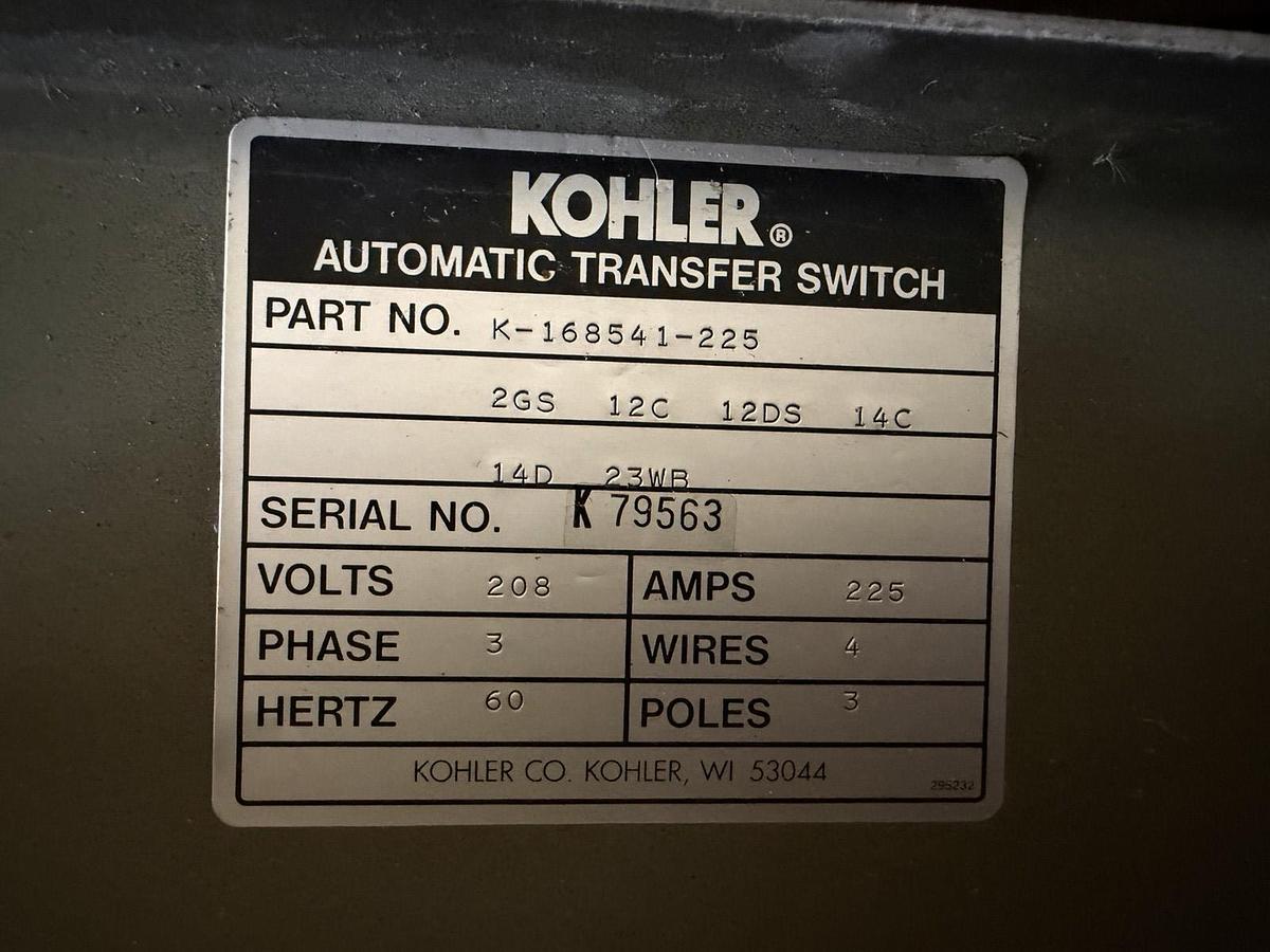 Used KOHLER AUTOMATIC TRANSFER SWITCH K-168541-225 225 AMP 208 VOLT 3-PHASE 3-WIRE
