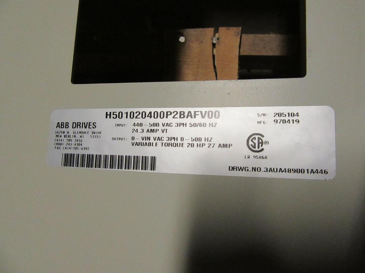 Used ABB VARIABLE SPEED DRIVE H501020400 ACH501-020-4-00P2 480V 20 HP 27 AMP