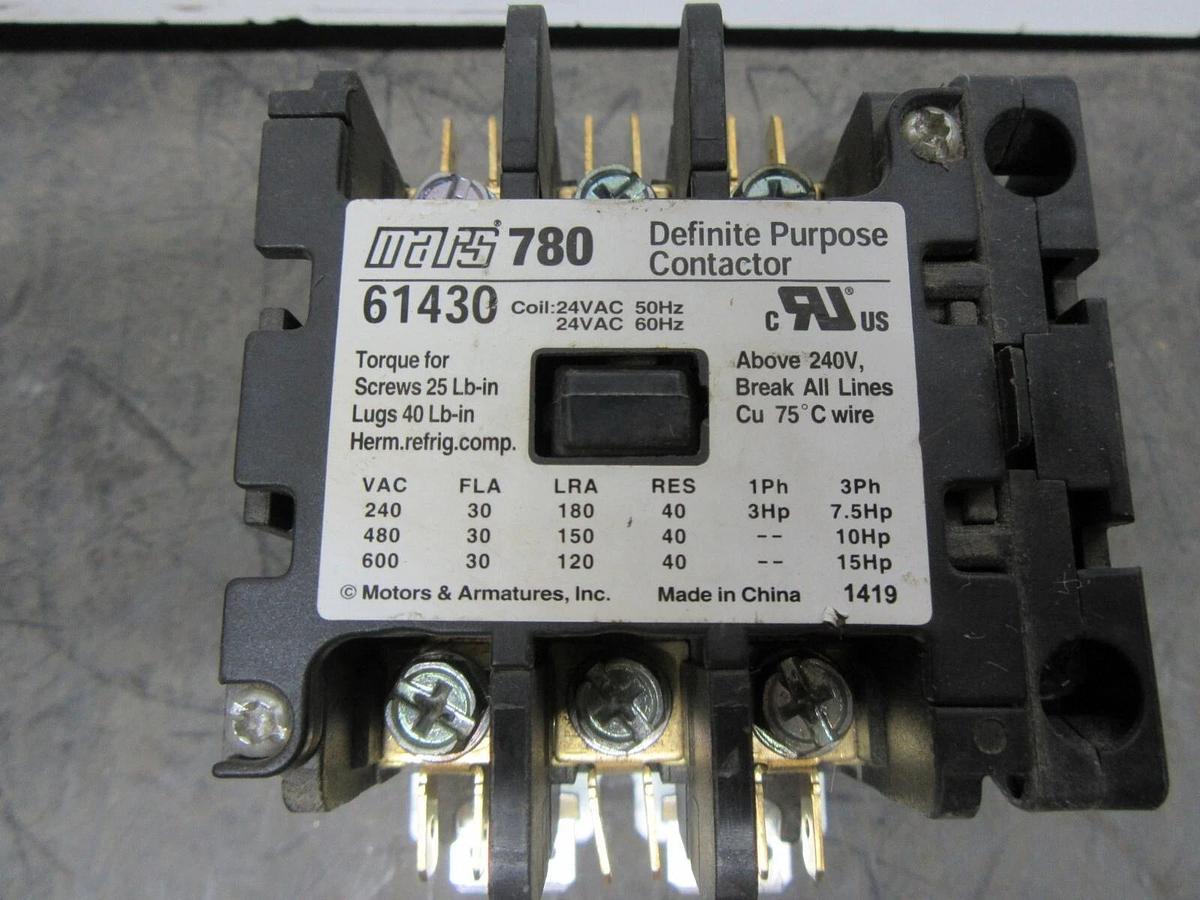 Used MARS 780 CONTACTOR 61430 600 VAC 30 AMP 3-PHASE 15 HP COIL: 24 VAC
