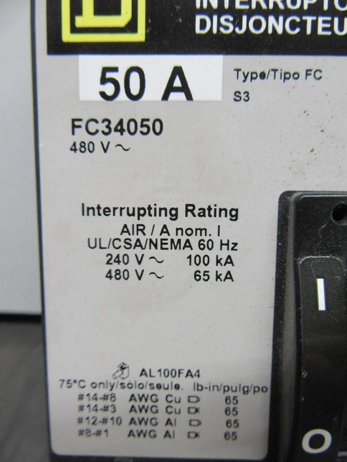 Used SQUARE D I-LINE CIRCUIT BREAKER FC34050 50 AMP 480 VAC 3-POLE **WARRANTY**