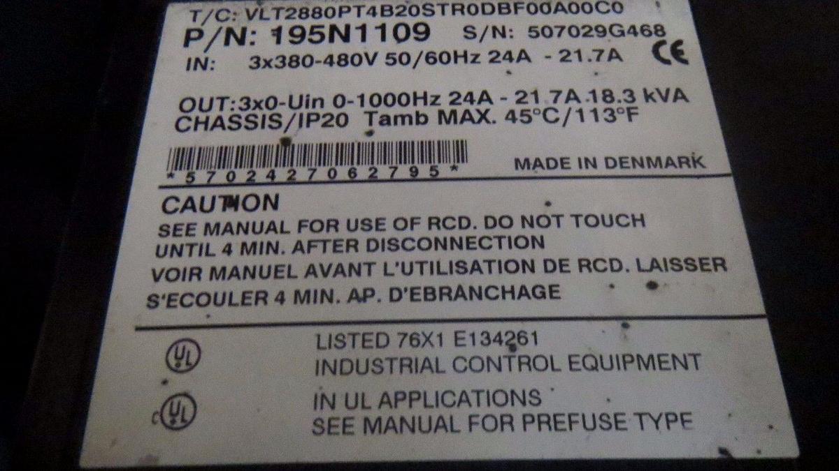 Used DANFOSS VARIABLE SPEED DRIVE VLT 2800 380-480V 15 HP 18.3 KVA MODEL: 195N1109