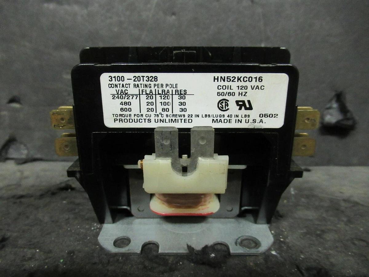 Used PRODUCTS UNLIMITED CONTACTOR 3100-20T328 / HN52KC016 20 AMP 600 VAC 120 V COIL