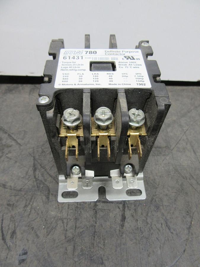 Used MARS 780 CONTACTOR 61431 600 VAC 30 AMP 15 HP 3-POLE COIL: 120 VAC