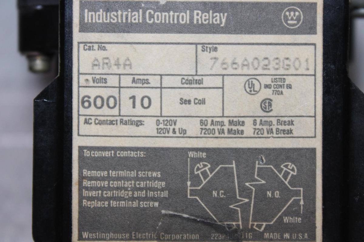 Used WESTINGHOUSE INDUSTRIAL CONTROL RELAY AR4A 10 AMP 600 VAC W/ ARA20