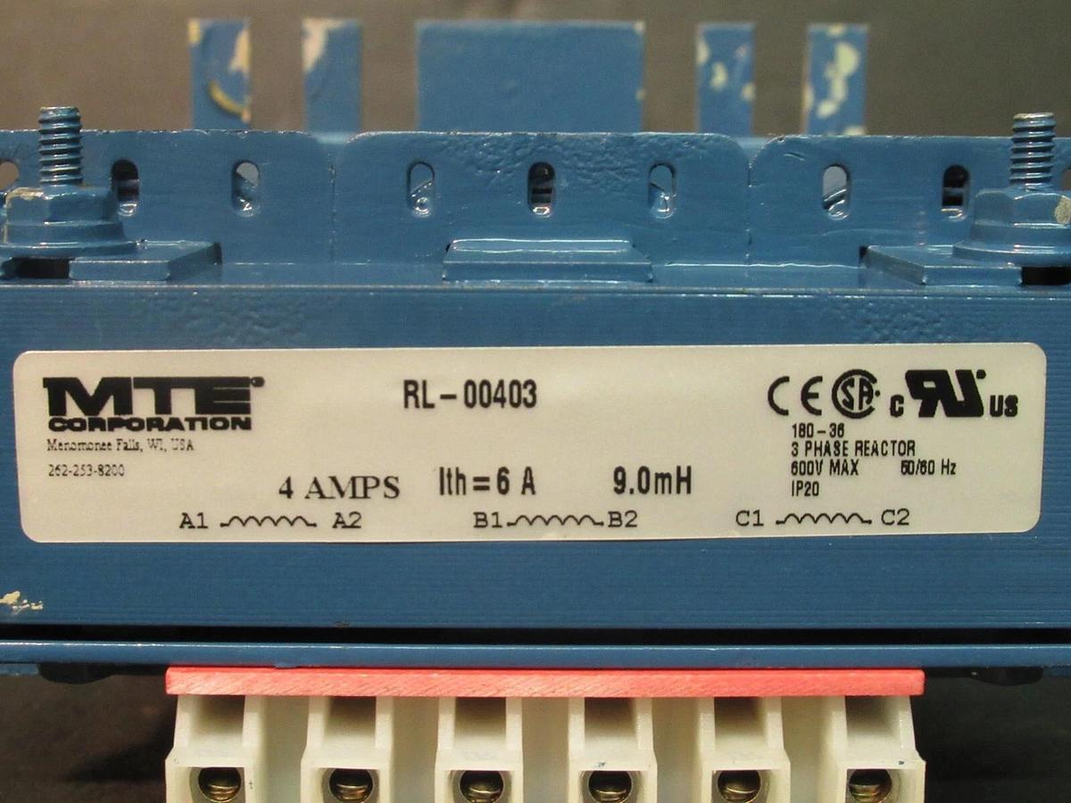 Used MTE CORPORATION 3 PH REACTOR CAT# RL-00403 P/N: 180-36 9.0 mH 6 AMP 600 V MAX