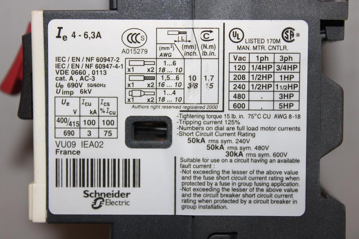 Used TELEMECANIQUE MANUAL MOTOR STARTER LC1D09 W/ GV2ME10/4.3-6A 600V 7.5HP 25A