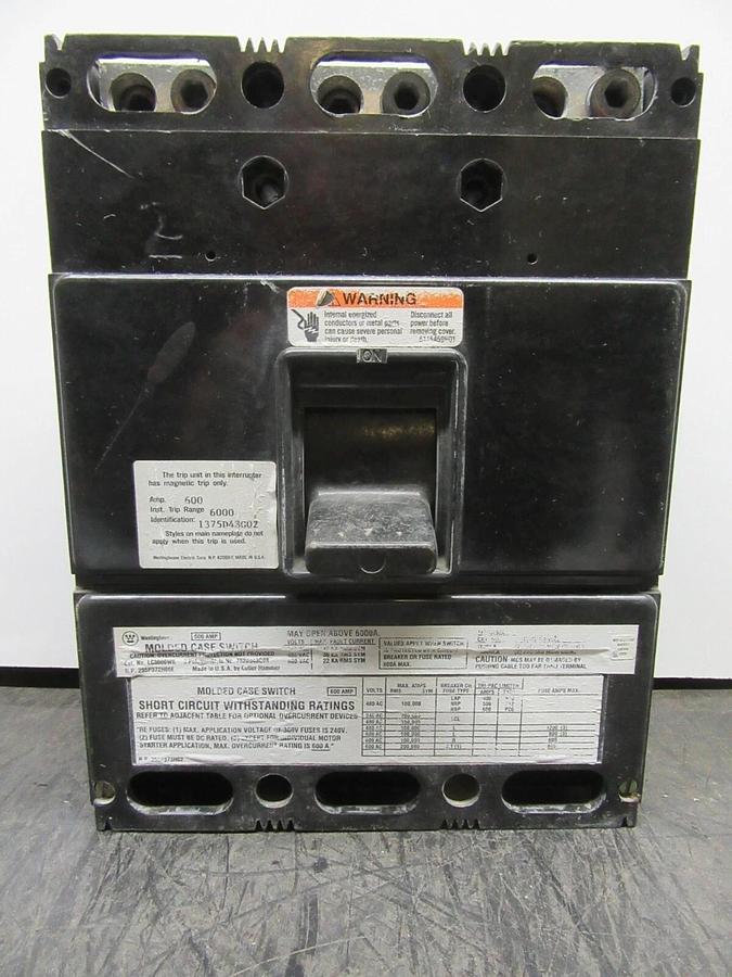 Used WESTINGHOUSE 3-POLE MOLDED CASE SWITCH LC3600WK 600 AMP TRIP 600 VAC