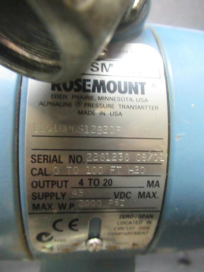 Used ROSEMOUNT ALPHALINE PRESSURE TRANSMITTER 01151DP6S12B2DF W/ SMART TRANSMITTER