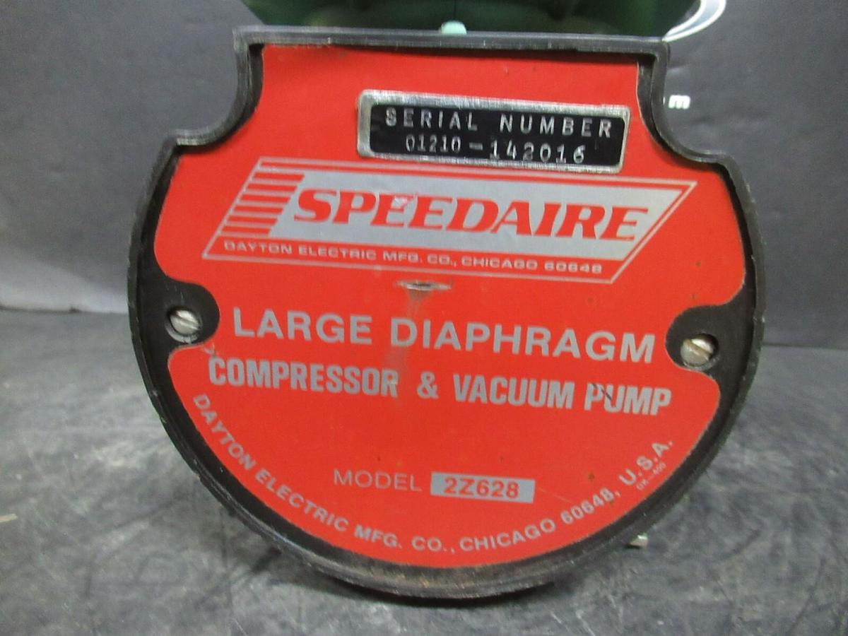 Used DAYTON SPEEDAIRE LARGE DIAPHRAGM VACUUM PUMP 2Z628 W/ JVN48S17D916D MOTOR 115 V