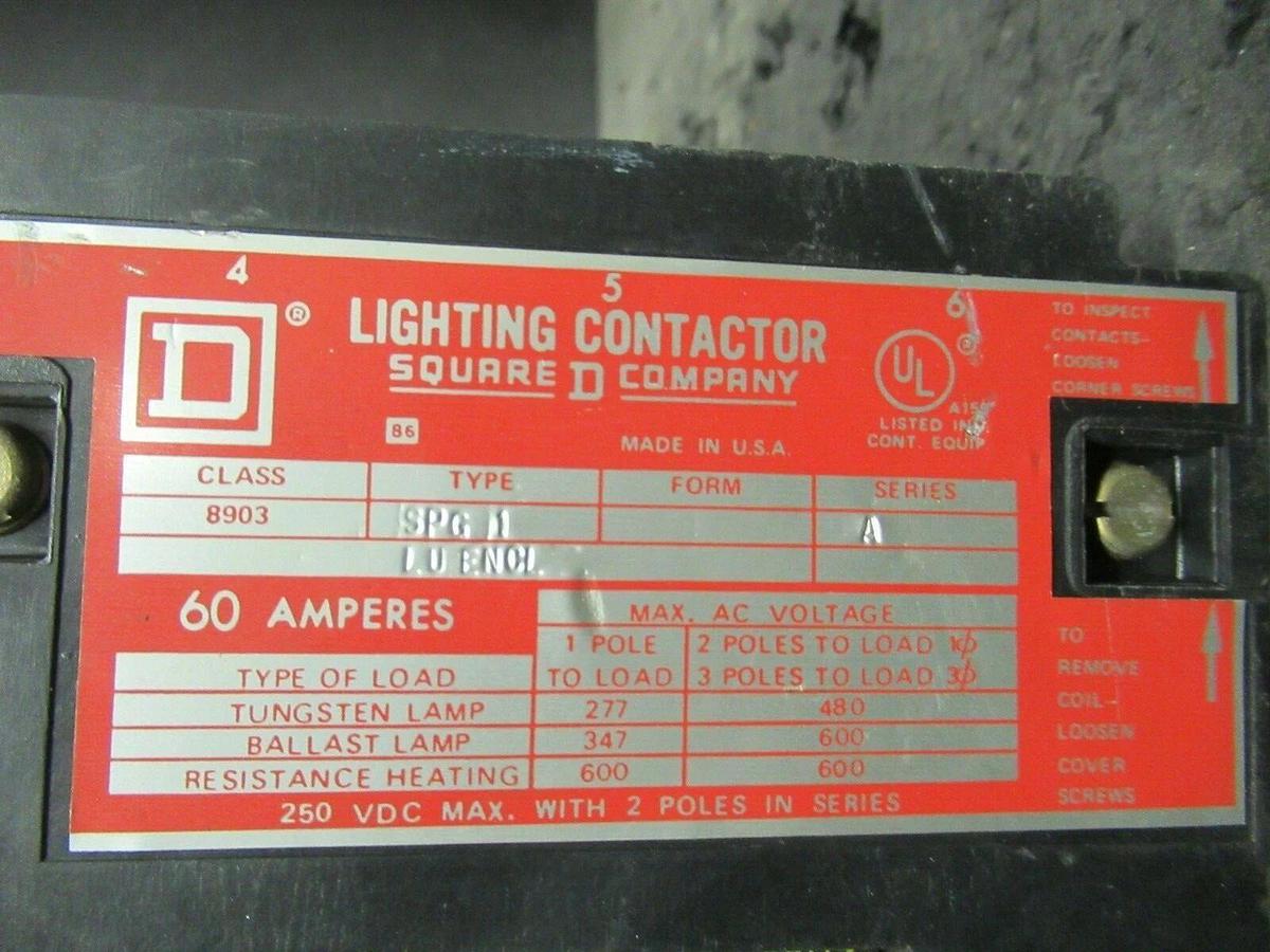 Used 60 AMP SQUARE D 8903 SPG1 LIGHTING CONTACTOR 2 POLE 600 277/480 VAC 208 V COIL