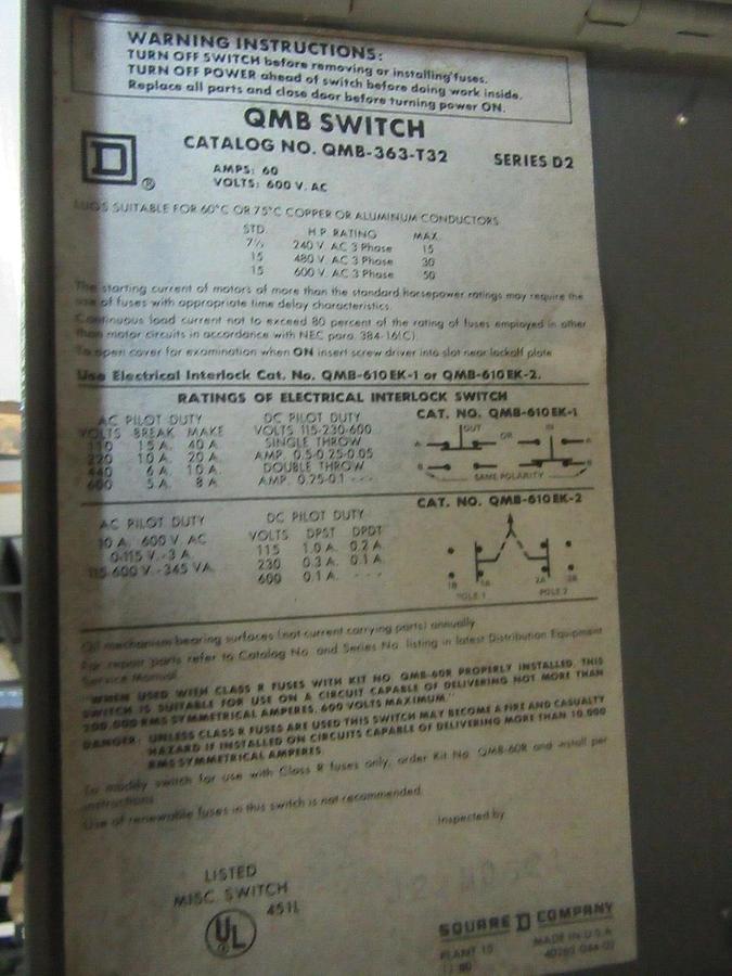 Used SQUARE D QMB TWIN PANELBOARD SWITCH QMB-363-T32 60 AMP 600 VOLT 15 HP