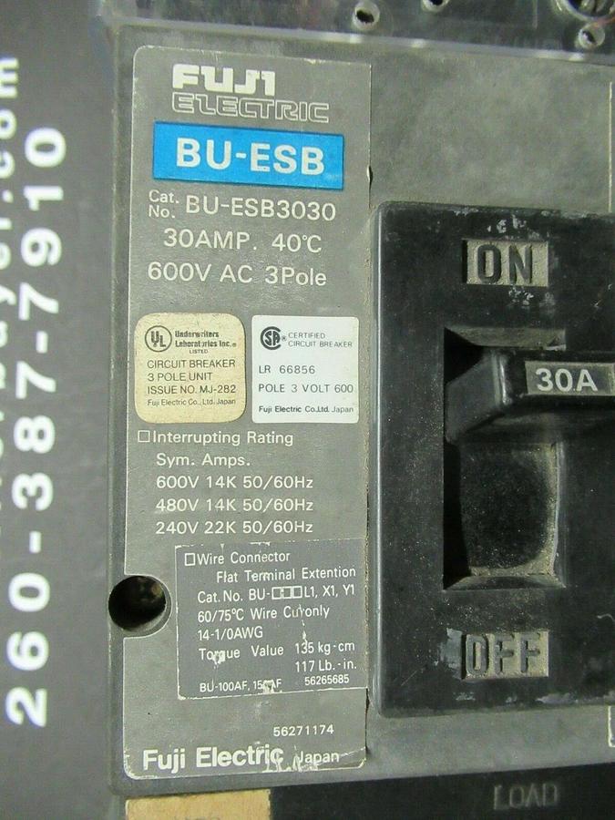 Used 30 AMP FUJI ELECTRIC BREAKER BU-ESB3030 600 VAC 3 POLE **WARRANTY INCLUDED**