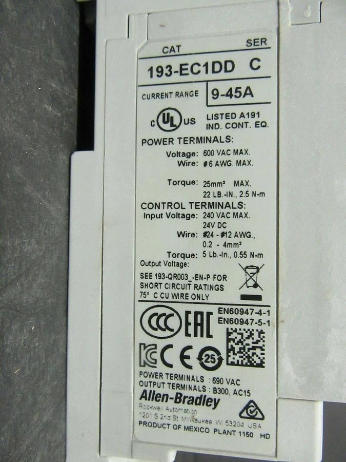 Used ALLEN BRADLEY SOLID STATE RELAY OVERLOAD 193-EC1DD SER. C 9-45 AMP **WARRANTY**