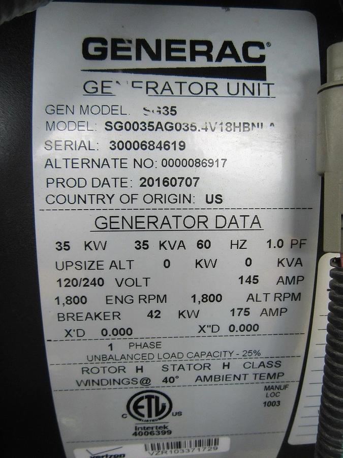 Used 35 KW GENERATOR GENERAC NATURAL GAS LP PROPANE 120/240 VOLT 1 PH 30 KW 40KW 2016