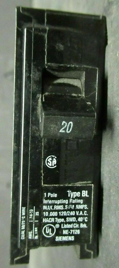 Used 20 AMP SIEMENS B120 1 POLE BREAKER 240 VAC TYPE: BL