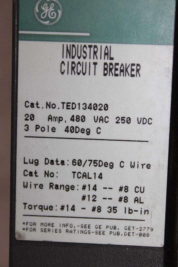 Used GENERAL ELECTRIC CIRCUIT BREAKER TED134020 20 AMP 480 VAC 3-POLE *WARRANTY*