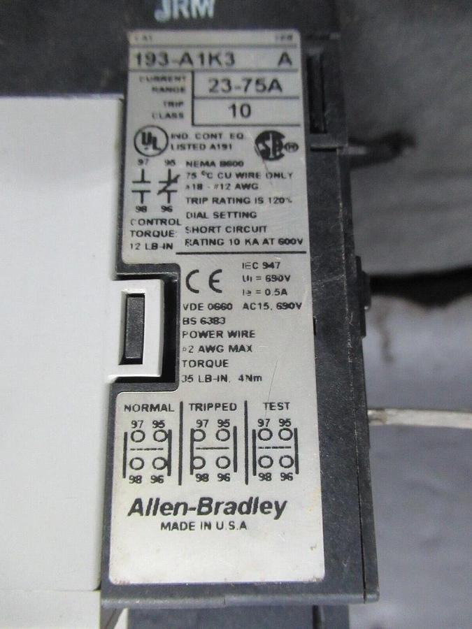 Used ALLEN-BRADLEY ADJUSTABLE THERMAL OVERLOAD RELAY 193-A1K3 23-75 AMP