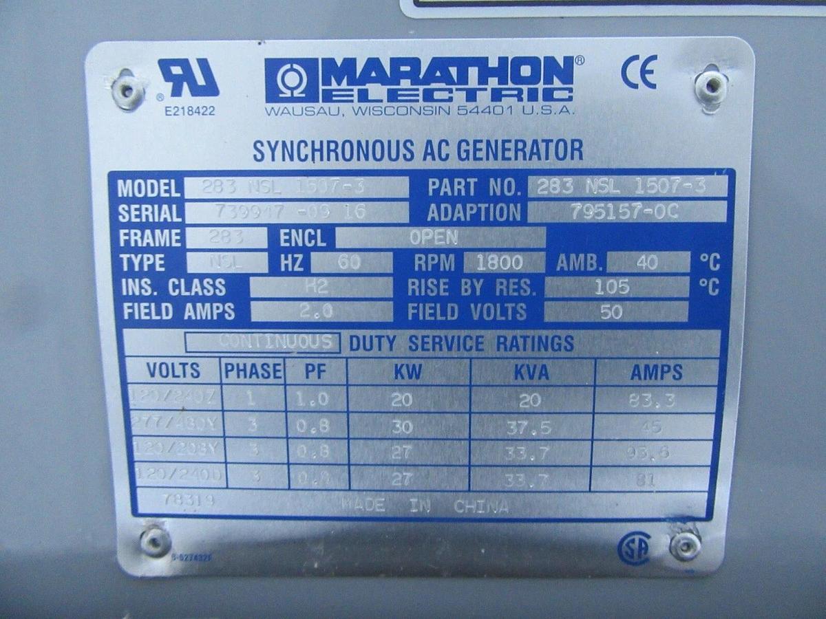 Used 20 KW DIESEL GENERATOR ISUZU MTU 2016 115 HRS 120/240 VOLT 1 PH SOUND ENCLOSED