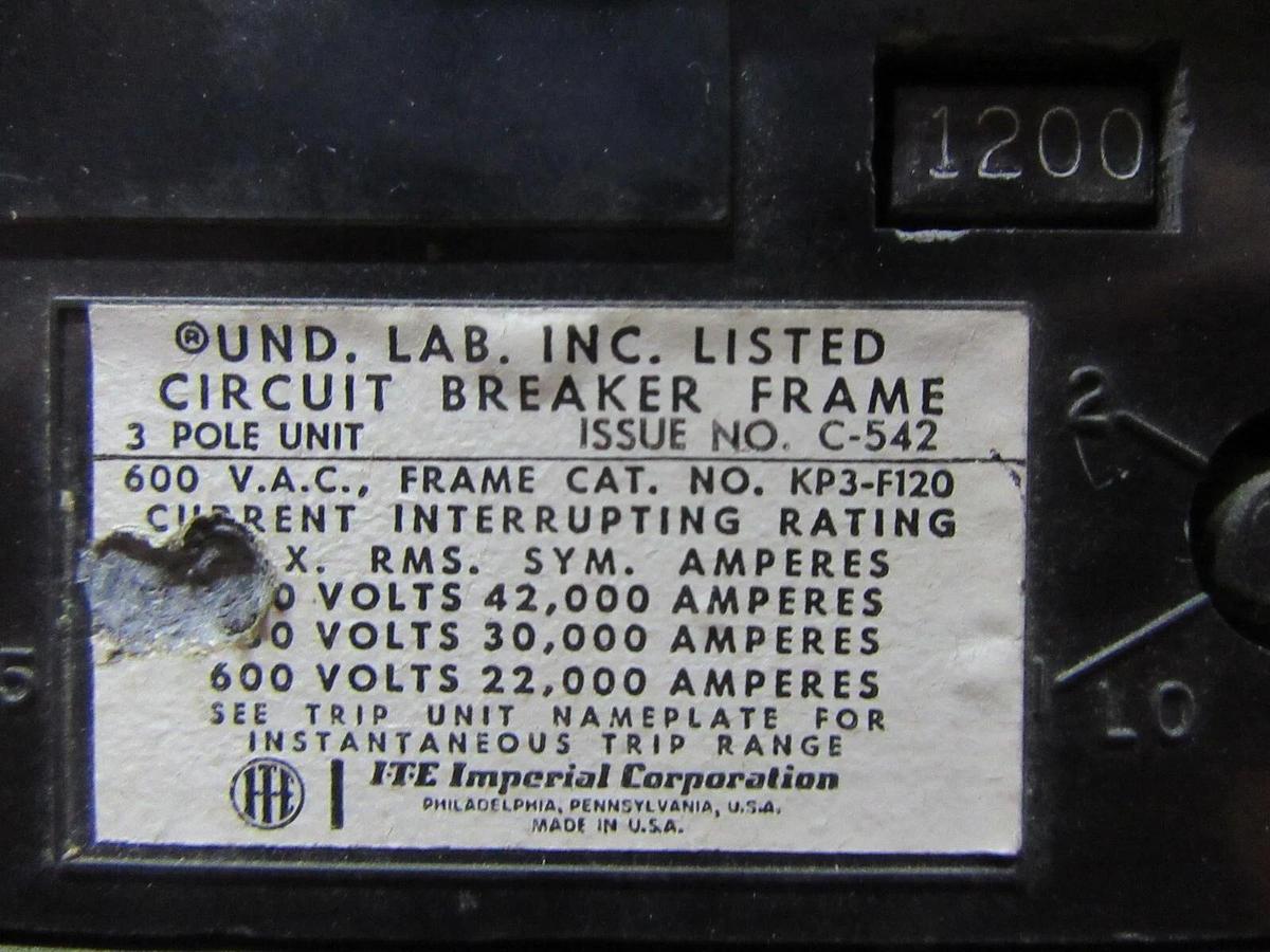 Used ITE CIRCUIT BREAKER KP3-F120 1200 AMP 600 VAC 3-POLE W/ SHUNT TRIP