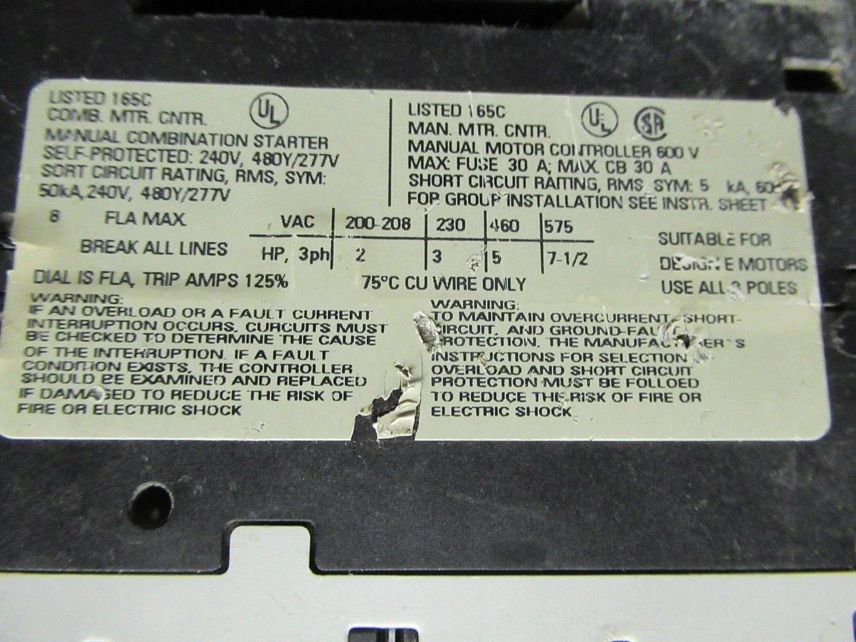 Used SIEMENS MANUAL MOTOR START 3RV1021-4HA10 600V 7.5HP 8A **WARRANTY INCLUDED**