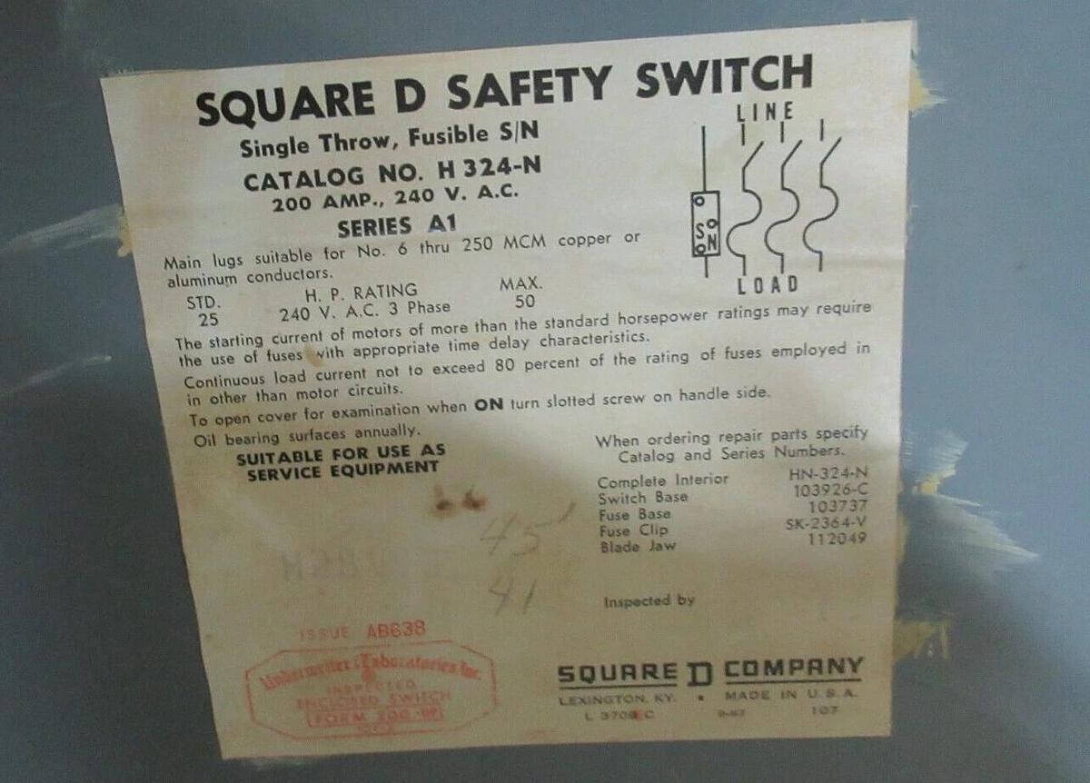 Used SQUARE D SAFETY SWITCH H324-N SER. A1 200 AMP 50 HP 240 VAC 3-POLE **WARRANTY**