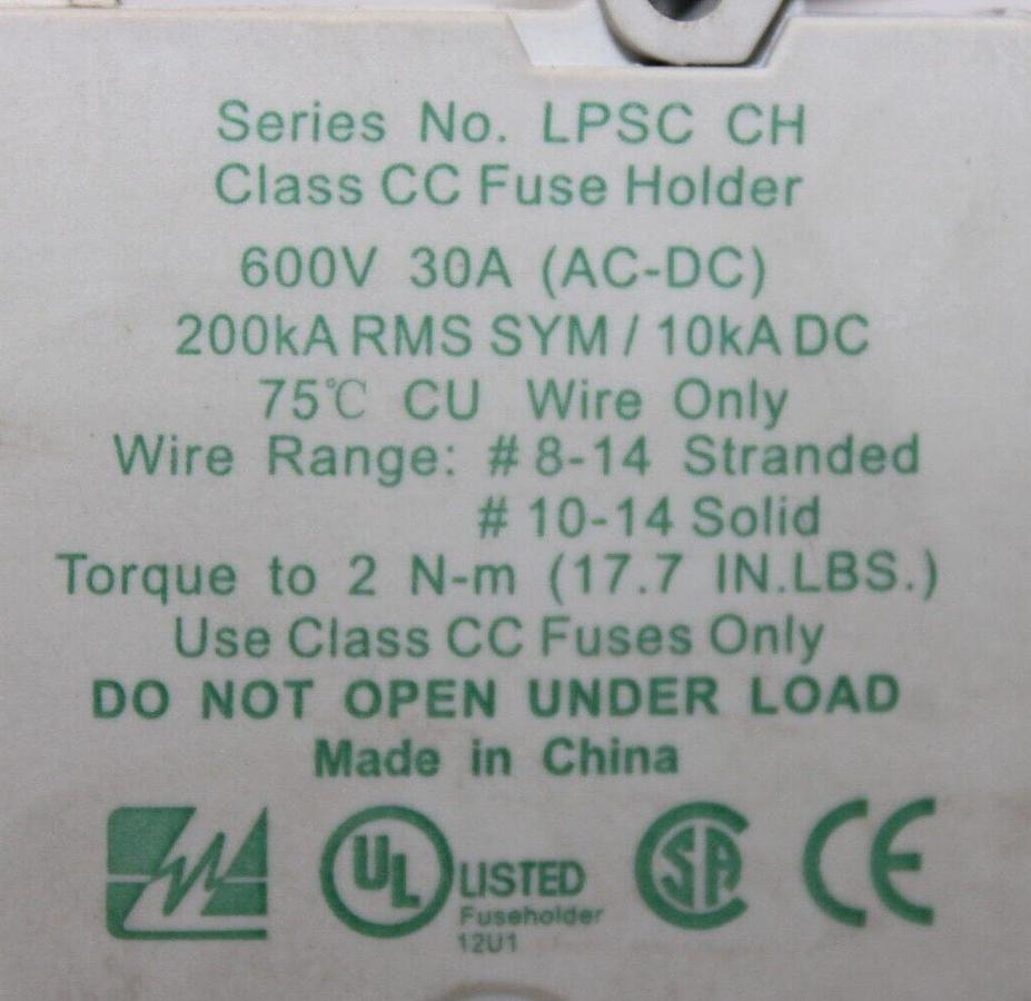 Used LITTELFUSE POWER-SAFE FUSE HOLDER LPSC-CH 3-POLE 600 VOLT 30 AMP CLASS CC