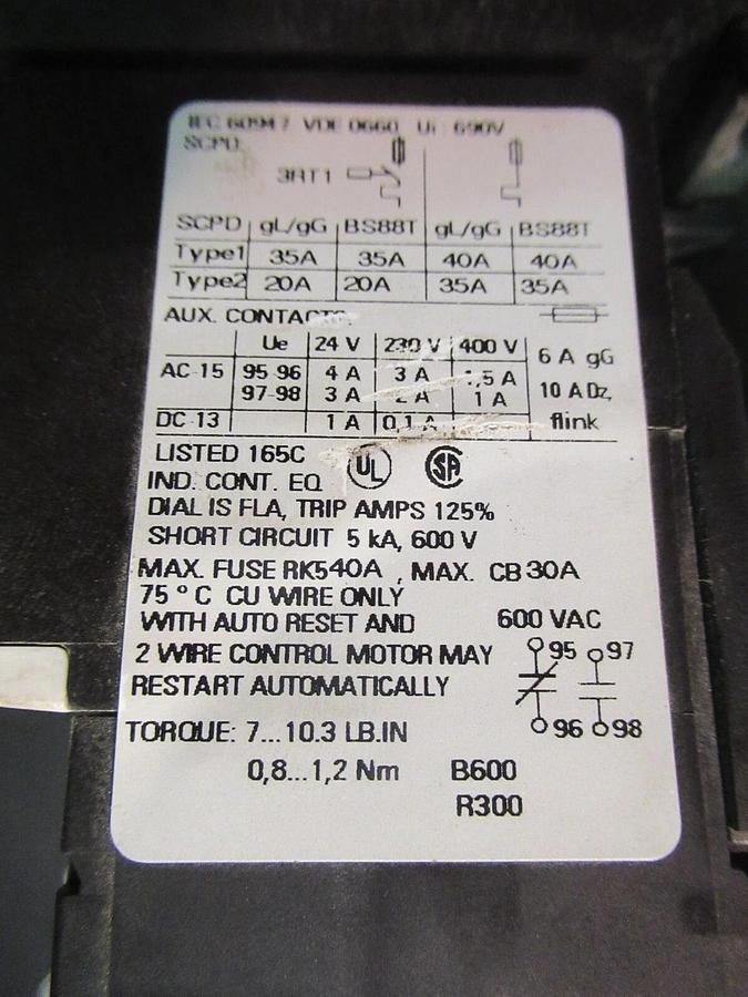 Used SIEMENS STARTER 3RT1017-1AK61 20 AMP 600 VAC 10 HP W/ 3RU1116-1JB0 OVERLOAD