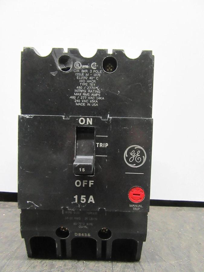 Used GE E11592 TEY HACR BREAKER 15 AMP 480/277 VAC 3-POLE **WARRANTY INCLUDED**