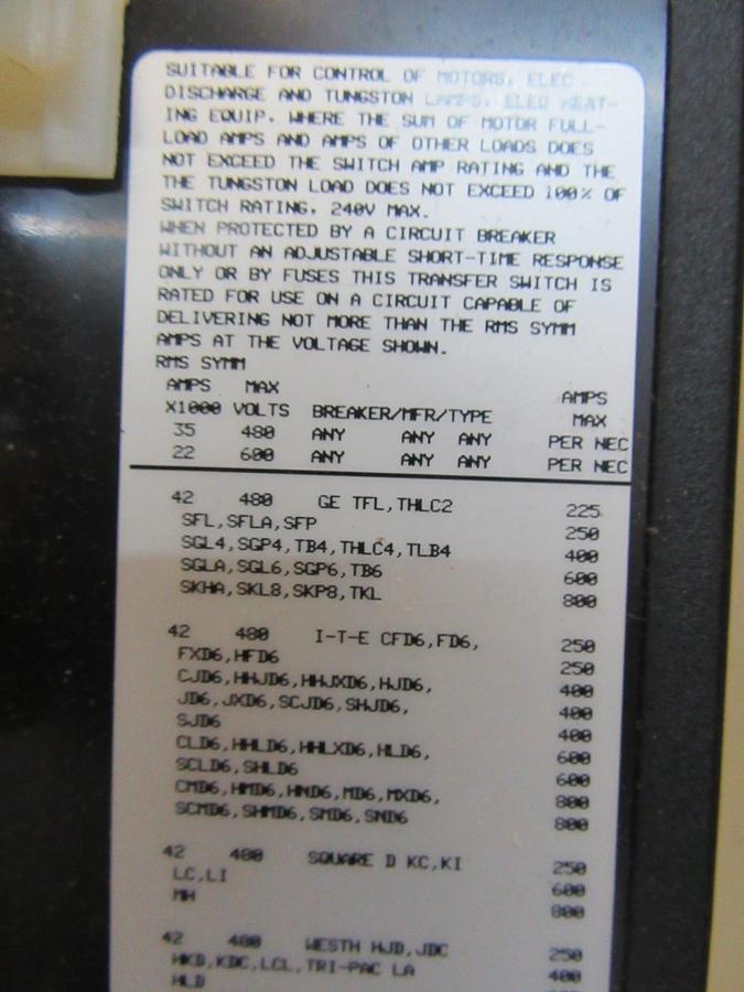 Used 260 AMP KOHLER ASCO ATS AUTOMATIC TRANSFER SWITCH K-164231-260 240 V 1 PH 60 HZ