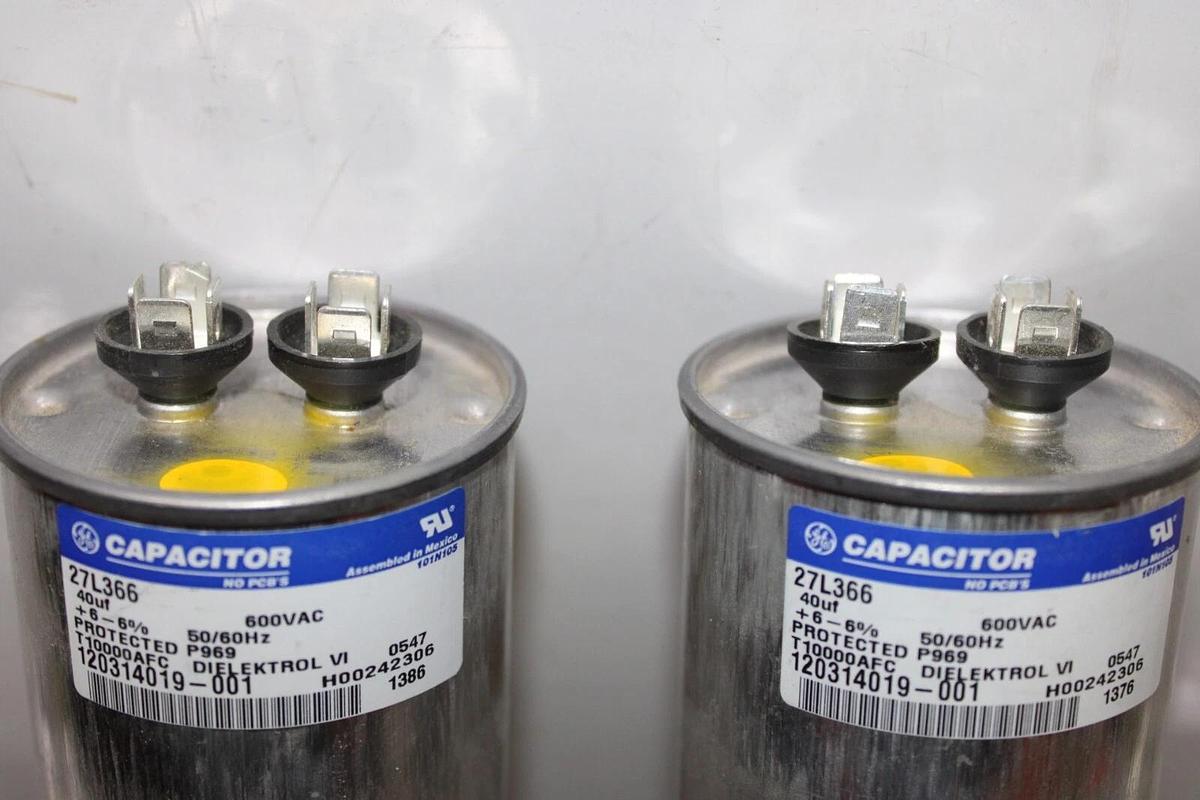 Used LOT OF 2 GE DIELEKTROL VI CAPACITOR 27L366 120314019-001 600 VAC 40 uF ± 6%