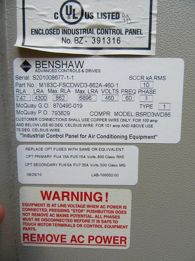 Used MCQUAY BENSHAW 650 HP STARTER 862 AMPS 460 VAC 3 PH M183C-FSCDWD3-862A-460-1