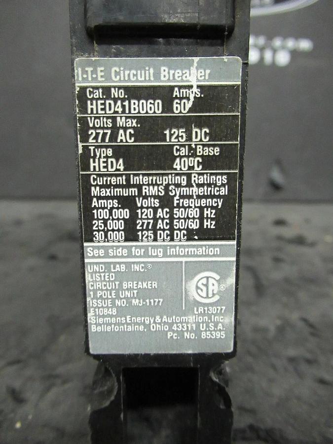 Used 60 AMP SIEMENS BREAKER HED41B060 HED4 277 VOLT 1 POLE * WARRANTY *