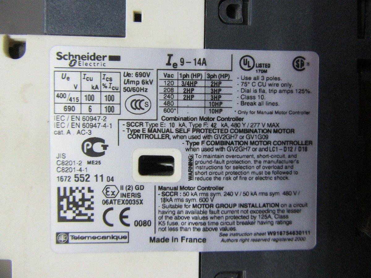 Used SCHNEIDER MANUAL MOTOR STARTER GV2-P16 600 VAC 10 HP 14 AMP 3-PHASE