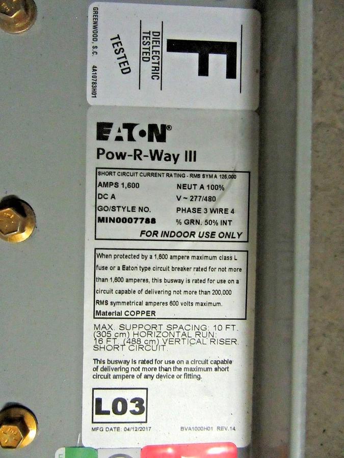 Used 1600 AMP CUTLER HAMMER POW-R-WAY III BUSWAY BUSDUCT 44 INCH STRAIGHT 480 277 4W