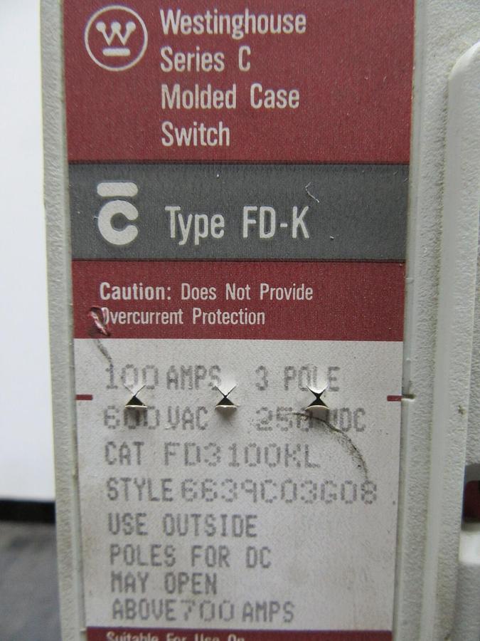 Used CUTLER HAMMER CIRCUIT BREAKER FD3100KL 100 AMP 3-POLE 600 VAC **WARRANTY**