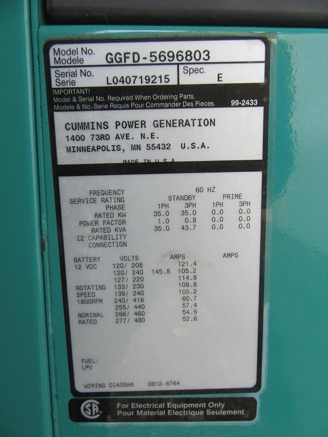 Used 35 KW GENERATOR NATURAL GAS LP PROPANE CUMMINS ONAN 120/240 VOLT 1 PH 642 HRS