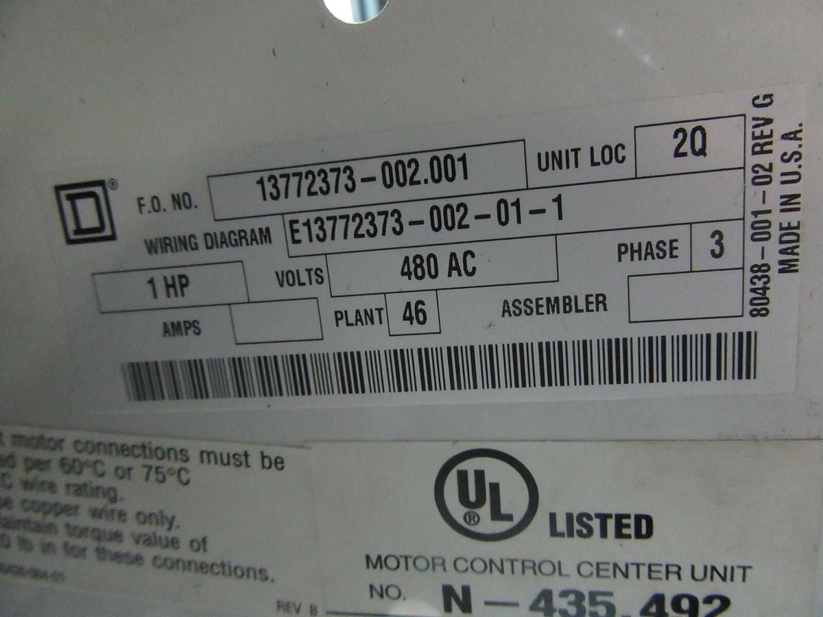 Used SQUARE D MODEL 6 MCC BUCKET NEMA SIZE 1 3 AMP 12" FA100-3MC6 W/ 8536SCO3S