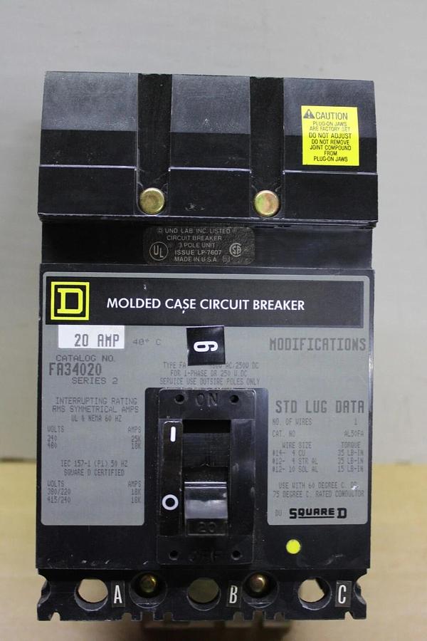 Used SQUARE D I-LINE CIRCUIT BREAKER FA34020 20 AMP 480 VAC 3-POLE **WARRANTY**