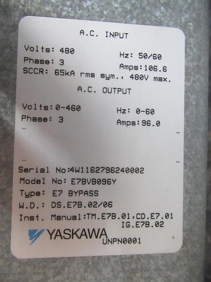Used YASKAWA AC DRIVE E7BVB096Y 480 VOLT 65 KVA 106.6 AMP 3-PHASE BYPASS **WARRANTY**