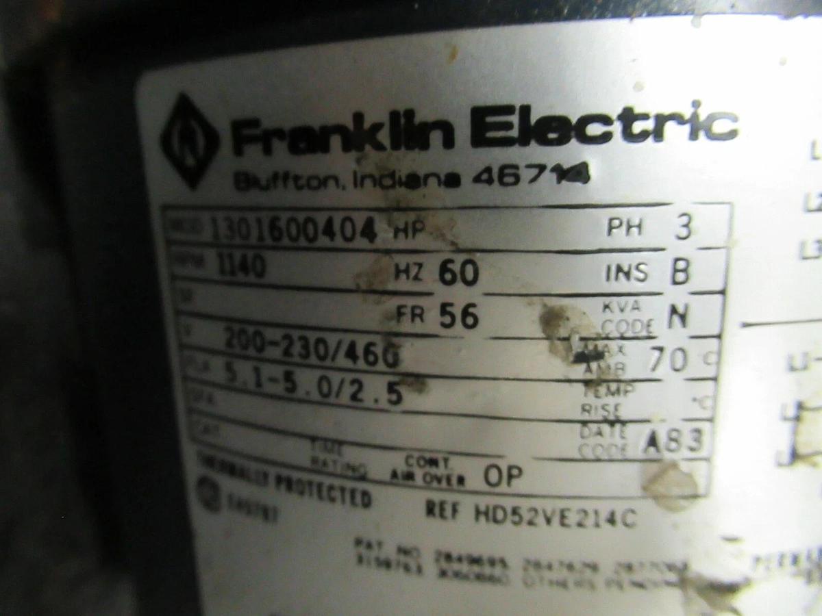 Used FRANKLIN ELECTRIC MOTOR 1140 RPM 200-230 / 460 V 1301600404 3 PHASE WARRANTY