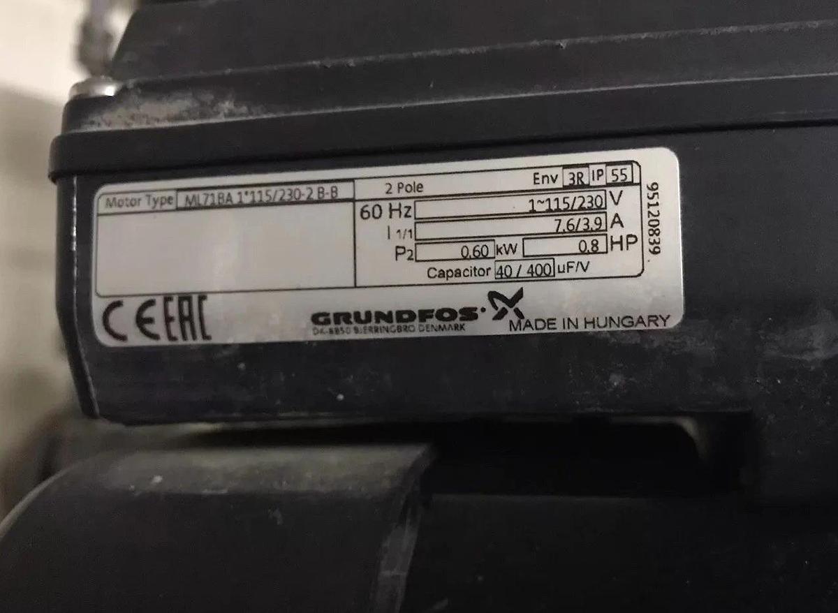 Used GRUNDFOS CENTRIFUGAL PUMP ML7BA1*115 115/230V 7.6/3.9A 0.8HP 2 POLE 60HZ 0.6KW