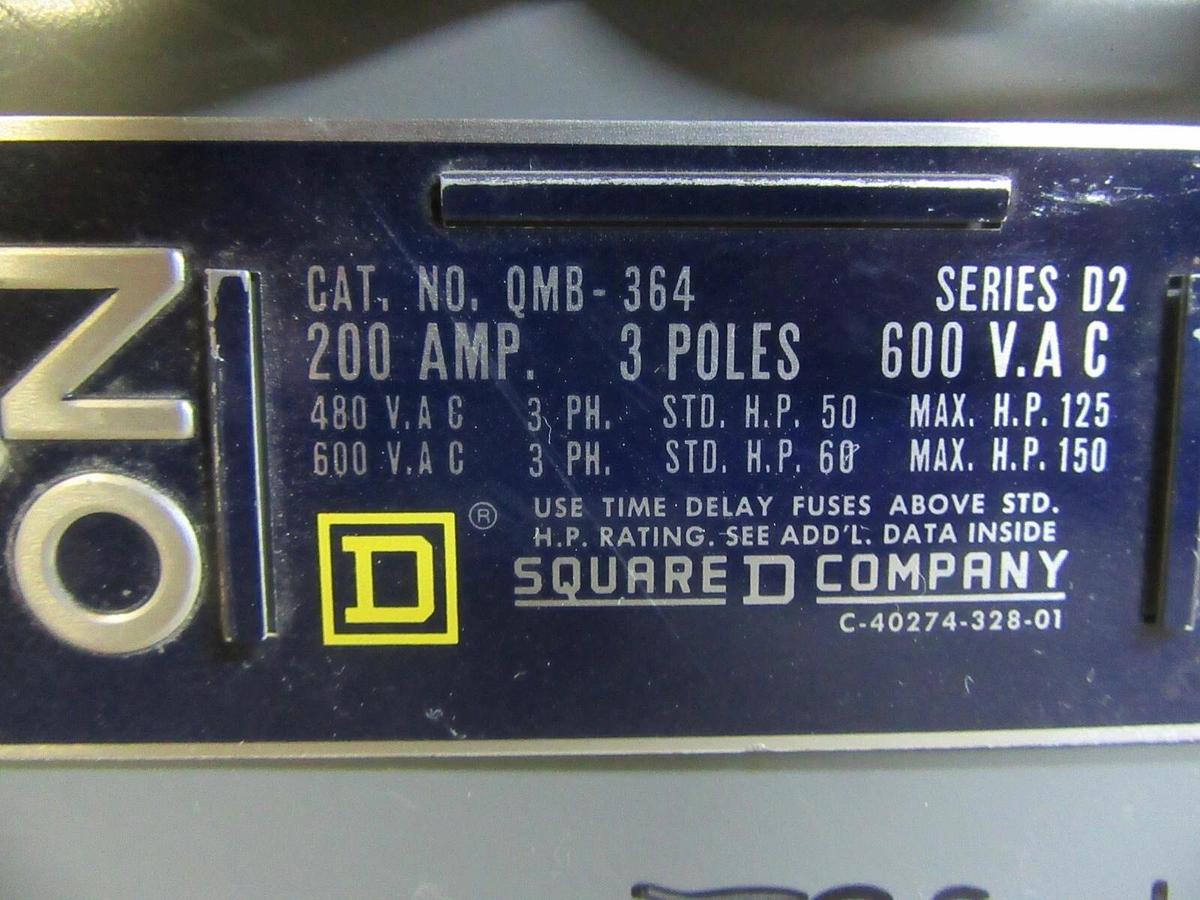 Used SQUARE D QMB PANELBOARD SWITCH QMB-364 200 AMP 600 VOLT 3-POLE 150 HP