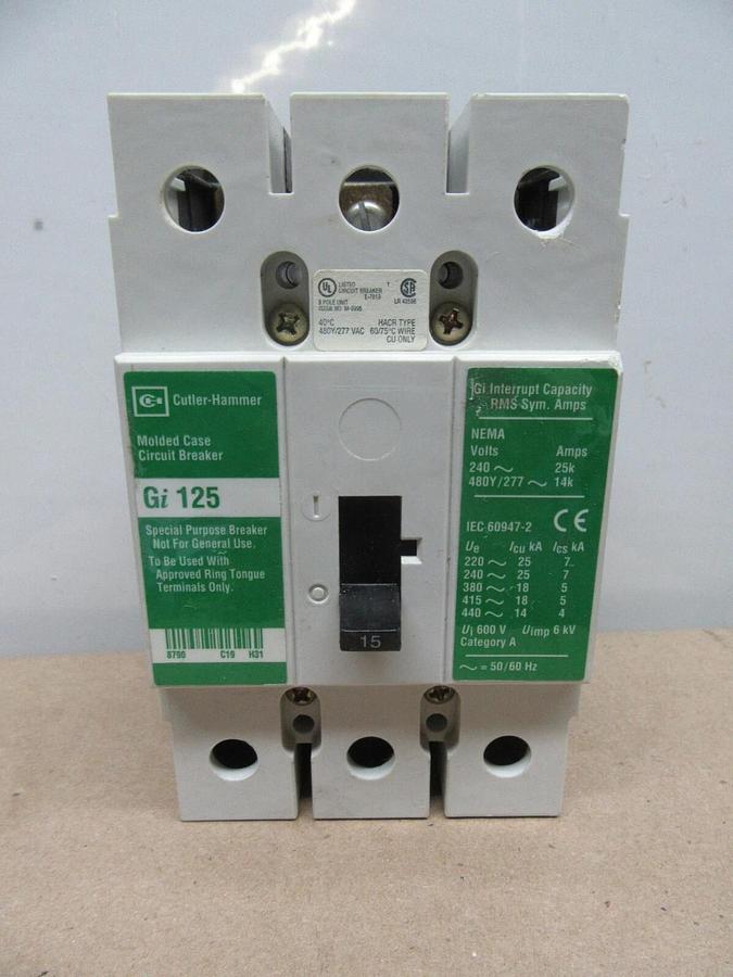 Used CUTLER HAMMER CIRUIT BREAKER GI 125 15 AMP 3-POLE 480/277 VAC **WARRANTY**