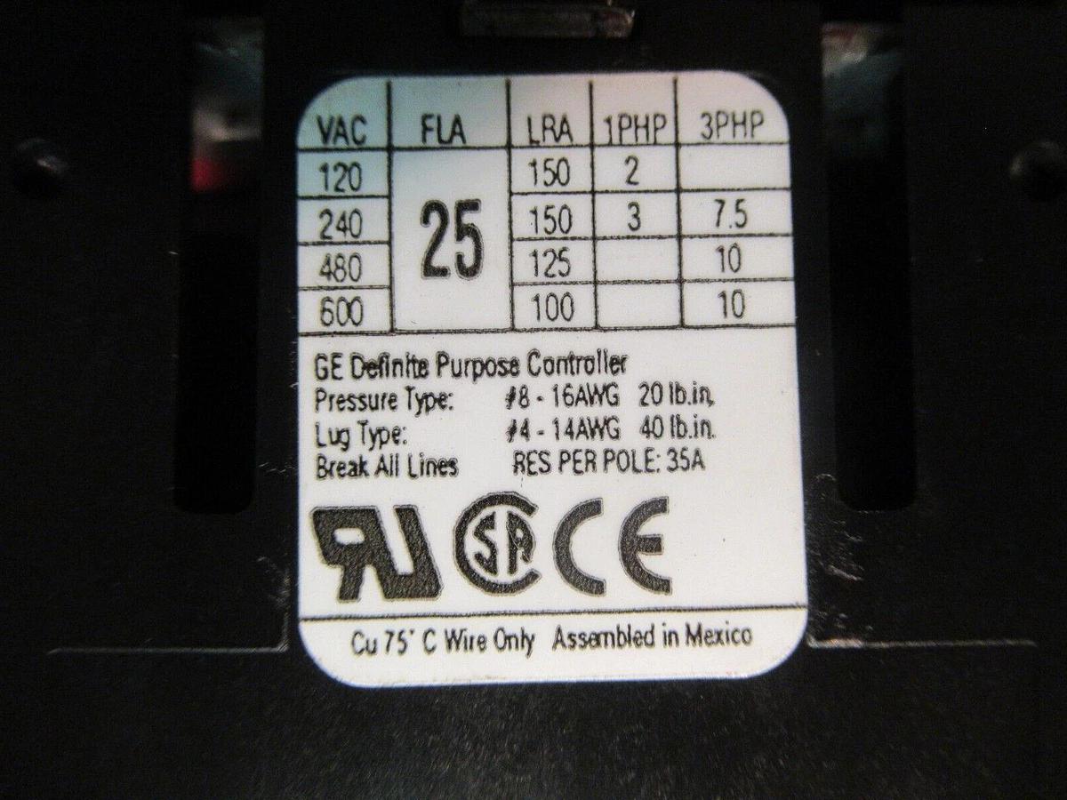 Used GE 3-PHASE CONTACTOR CR453AB3AAA 25 AMP 600 VAC 10 HP COIL: 110-120 VOLT