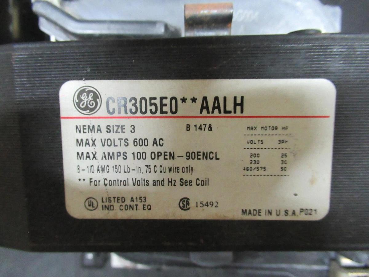 Used GE CONTACTOR CR305E0**AALH NEMA SIZE 3 600 VAC 100 AMP 50 HP 480 VOLT COIL