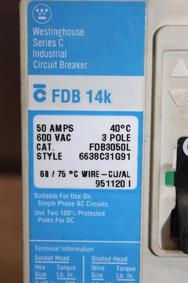 Used WESTINGHOUSE CIRCUIT BREAKER FDB3050L 50 AMP 3-POLE 600 VAC **WARRANTY**