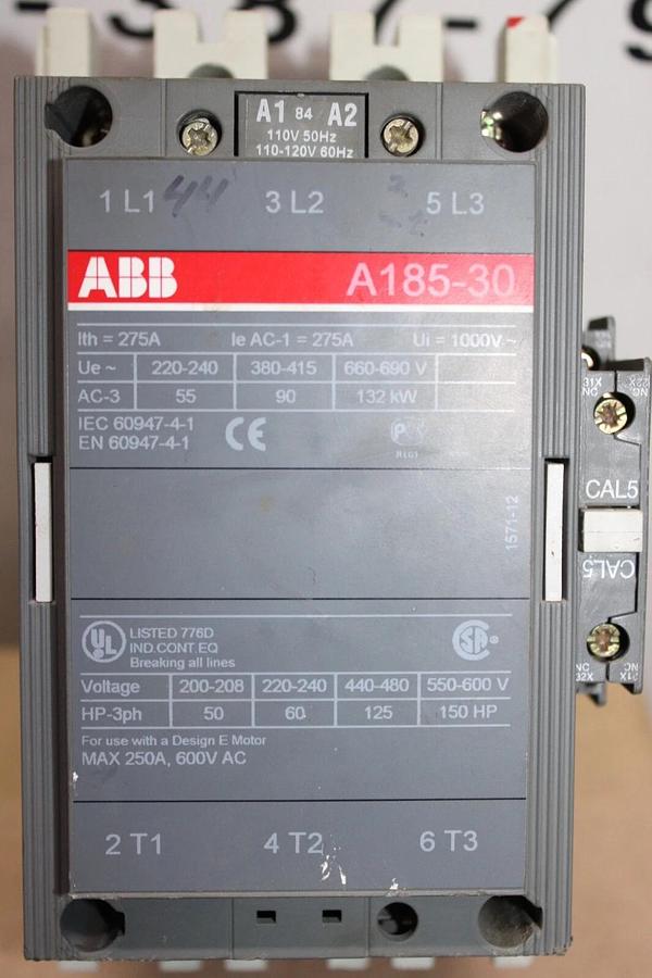 Used ABB CONTACTOR A185-30 250 AMP 600 VOLT 3-POLE 150 HP COIL: 120V