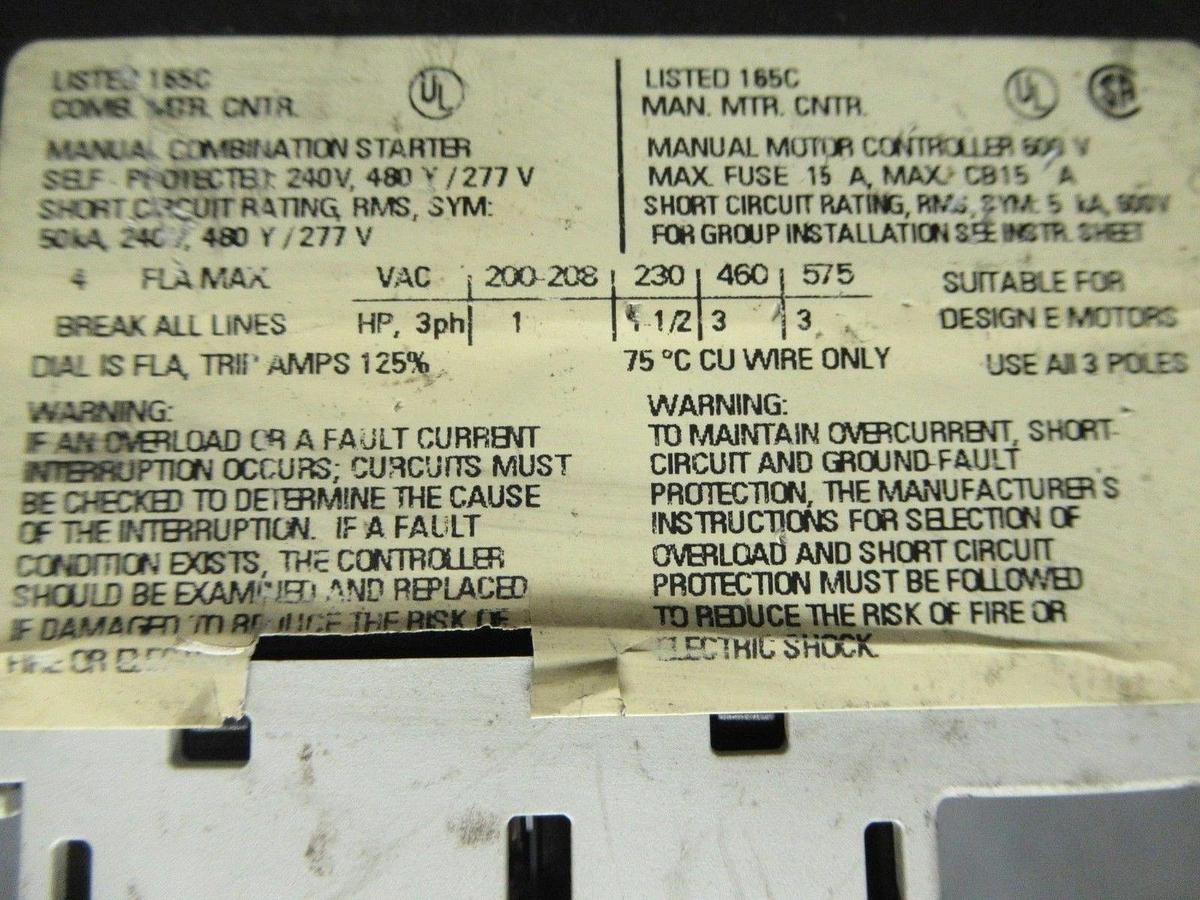 Used SIEMENS MANUAL MOTOR START 3RV1011-1EA10 600V 4A 3HP **WARRANTY INCLUDED**