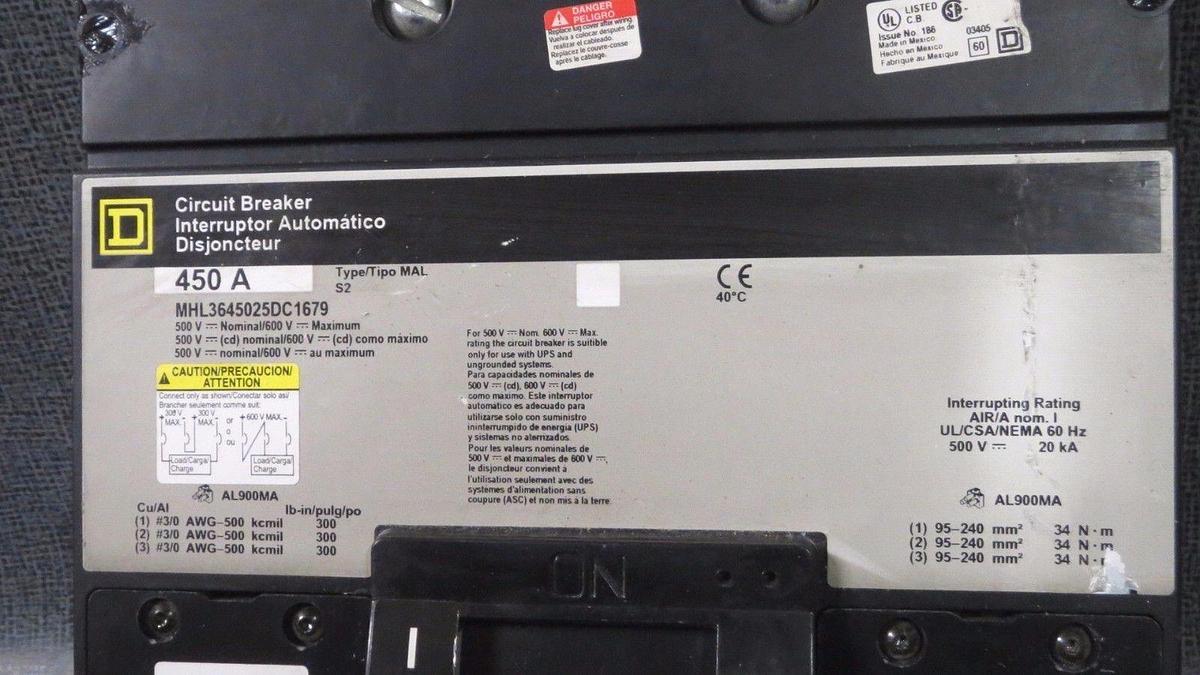 Used SQUARE D CIRCUIT BREAKER 450 AMP 600 V WITH UNDERVOLTAGE TRIP # MHL3645025DC1679