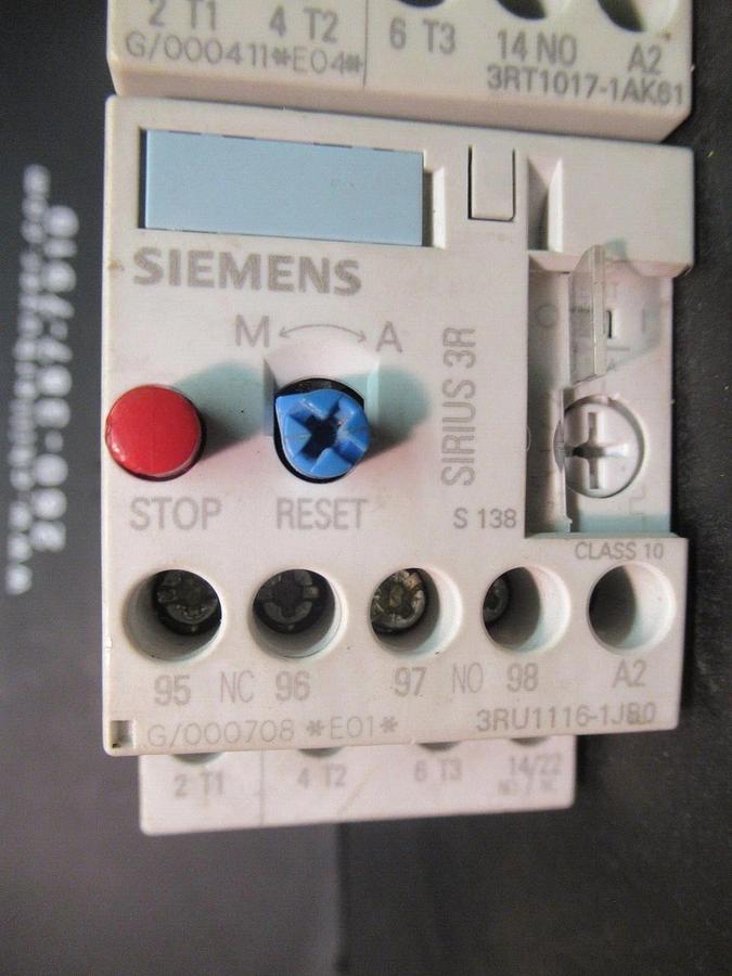 Used SIEMENS STARTER 3RT1017-1AK61 20 AMP 600 VAC 10 HP W/ 3RU1116-1JB0 OVERLOAD